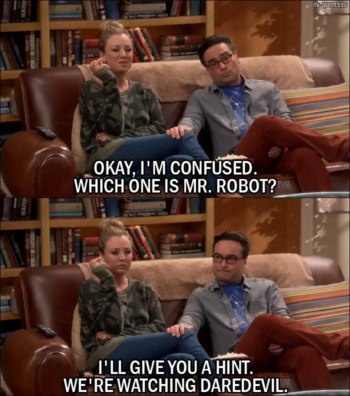 The Big Bang Theory Quote from 10x05 - Penny Hofstadter: Okay, I'm confused. Which one is Mr. Robot? Leonard Hofstadter: I'll give you a hint. We're watching Daredevil.