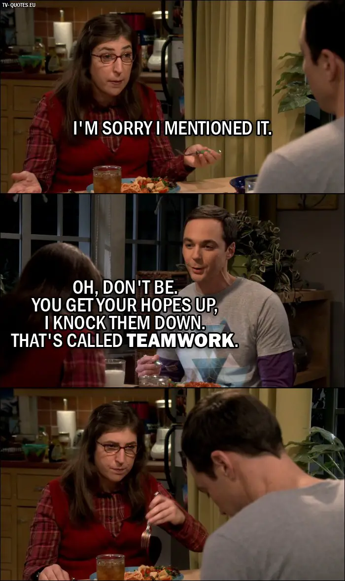 The Big Bang Theory Quote from 10x06 - Amy Farrah Fowler: I'm sorry I mentioned it. Sheldon Cooper: Oh, don't be. You get your hopes up, I knock them down. That's called teamwork.