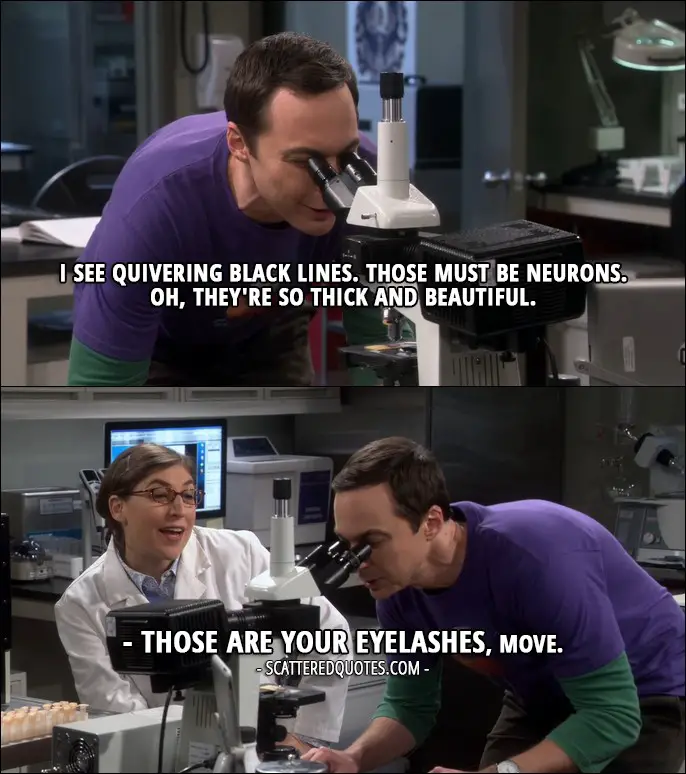 16 Best The Big Bang Theory Quotes from 'The Brain Bowl Incubation' (10x08) - Sheldon Cooper: I see quivering black lines. Those must be neurons. Oh, they're so thick and beautiful. Amy Farrah Fowler: Those are your eyelashes, move.