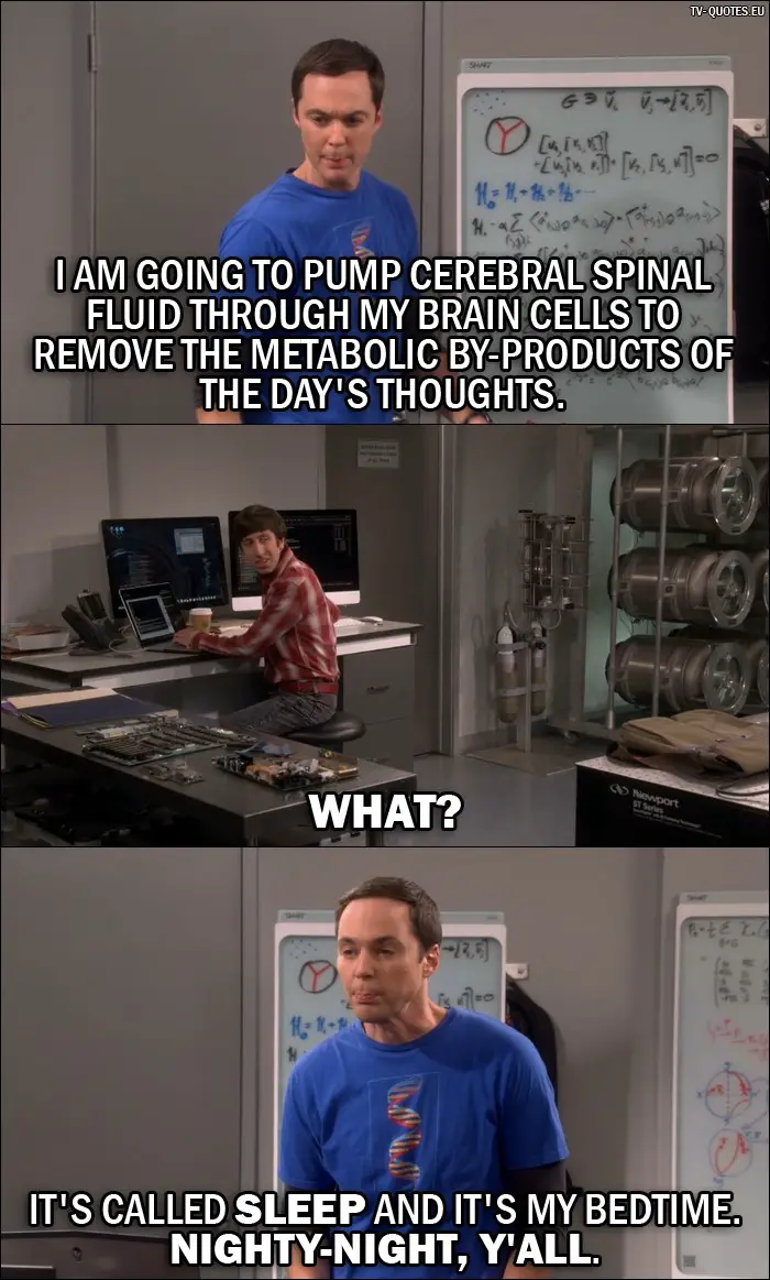 The Big Bang Theory Quote from 10x03 - Sheldon Cooper: I am going to pump cerebral spinal fluid through my brain cells to remove the metabolic by-products of the day's thoughts. Howard Wolowitz: What? Sheldon Cooper: It's called sleep and it's my bedtime. Nighty-night, y'all.