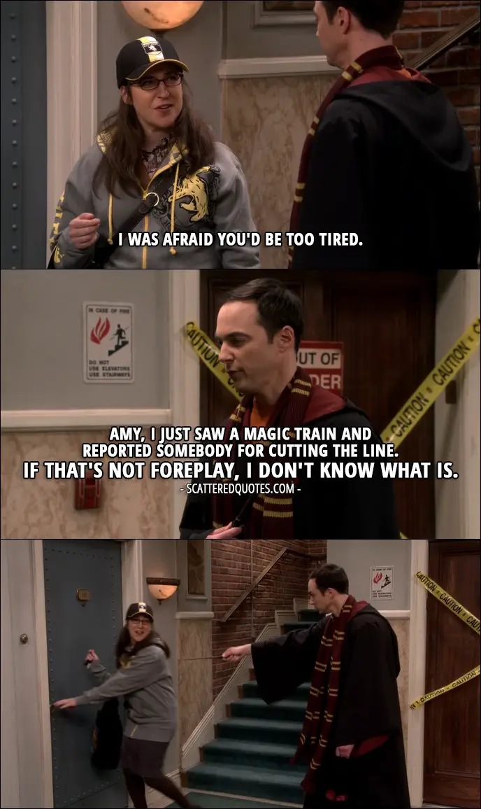 15 Best The Big Bang Theory Quotes from 'The Birthday Synchronicity' (10x11) - Amy Farrah Fowler: I was afraid you'd be too tired. Sheldon Cooper: Amy, I just saw a magic train and reported somebody for cutting the line. If that's not foreplay, I don't know what is.
