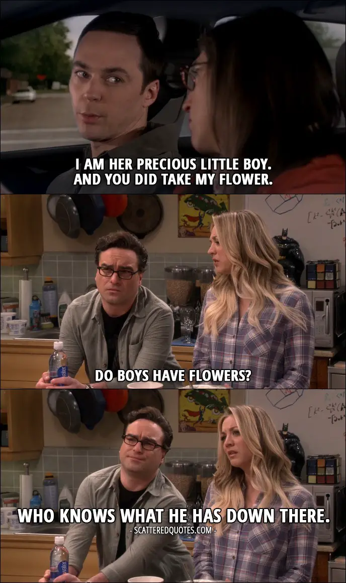15 Best The Big Bang Theory Quotes from 'The Holiday Summation' (10x12) - Sheldon Cooper (to Amy about his mother): I am her precious little boy. And you did take my flower. Penny Hofstadter (to Leonard): Do boys have flowers? Leonard Hofstadter: Who knows what he has down there.