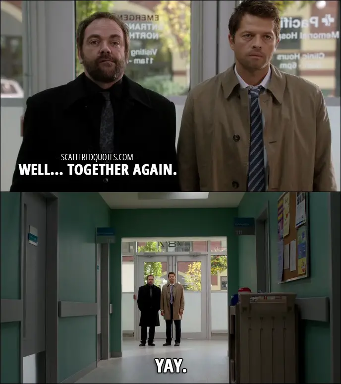 12 Best Supernatural Quotes from 'Rock Never Dies' (12x07) - Crowley: Well... together again. Castiel: Yay.