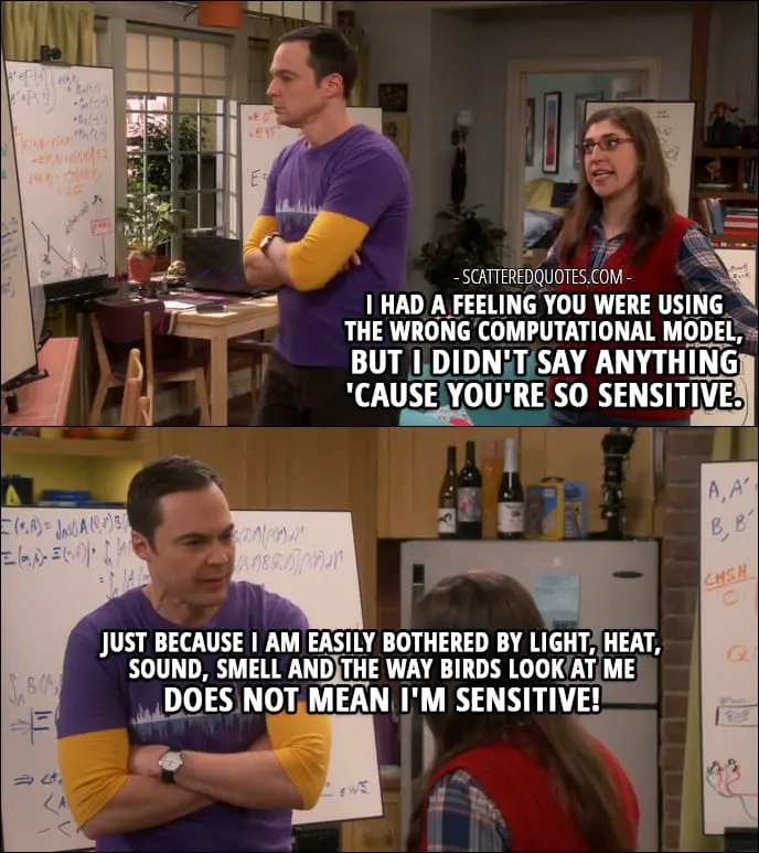 10 Best The Big Bang Theory Quotes from 'The Collaboration Fluctuation' (10x19) - Amy Farrah Fowler: You know, I had a feeling you were using the wrong computational model, but I didn't say anything 'cause you're so sensitive. Sheldon Cooper: Just because I am easily bothered by light, heat, sound, smell and the way birds look at me does not mean I'm sensitive!