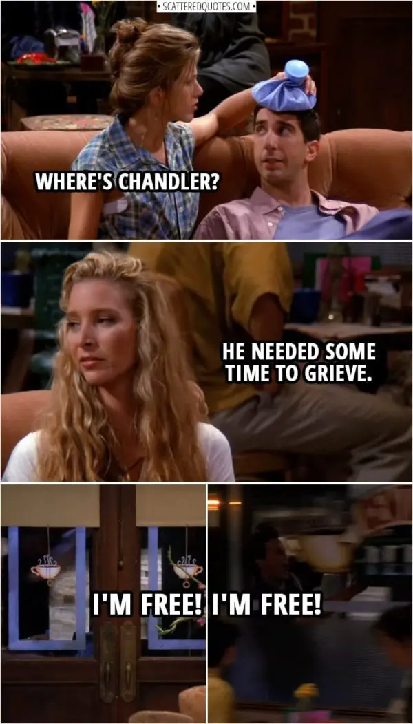 Quote from Friends 1x05 | (After yet another break-up with Janice...) Rachel Green: Where's Chandler? Phoebe Buffay: He needed some time to grieve. Chandler Bing (screaming outside): I'm free! I'm free! Phoebe Buffay: That ought to do it.