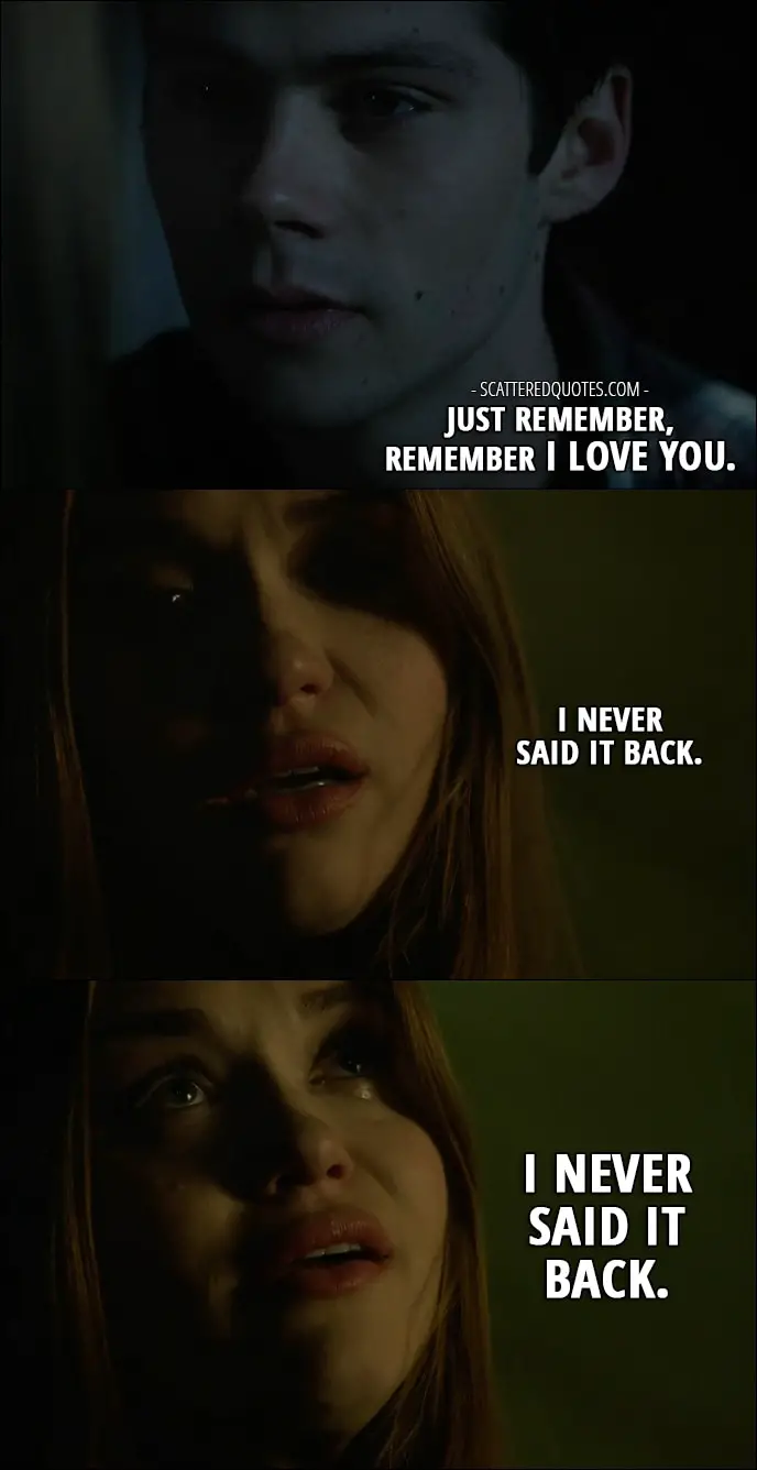 Quote from Teen Wolf 6x09 - Stiles Stilinski (in a memory): Just remember, remember I love you. Lydia Martin: I never said it back. I never said it back.