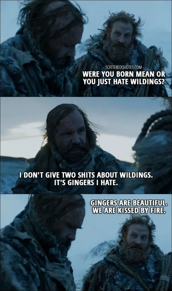 Quote from Game of Thrones 7x06 - Tormund: Were you born mean or you just hate wildings? Sandor Clegane: I don't give two shits about wildings. It's gingers I hate. Tormund: Gingers are beautiful. We are kissed by fire.