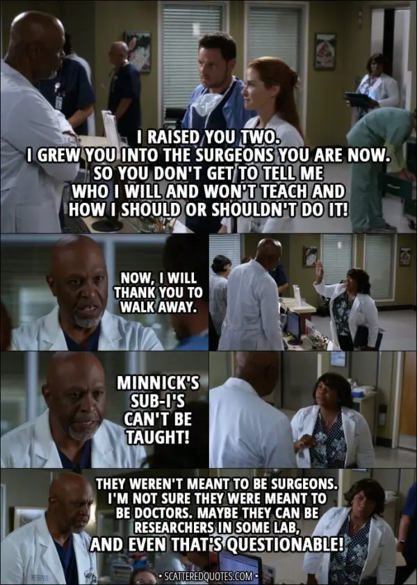 Quote from Grey's Anatomy 14x01 - Richard Webber (to Alex and April): You two think you were any better than them? Karev, you scraped in by the skin of your teeth thanks to an essay you wrote on testicular cancer... that I have since found was a lie! Kepner, you failed your boards and got fired... twice! I raised you two. I grew you into the surgeons you are now. So you don't get to tell me who I will and won't teach and how I should or shouldn't do it! Now, I will thank you to walk away. (Alex and April leave, Bailey comes for high five) Richard Webber (to Bailey): Minnick's sub-I's can't be taught! They weren't meant to be surgeons. I'm not sure they were meant to be doctors. Maybe they can be researchers in some lab, and even that's questionable!