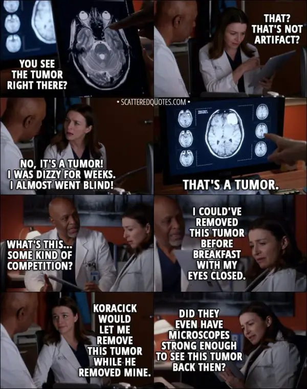Quote from Grey's Anatomy 14x03 - Richard Webber: Years ago... I also had a brain tumor. Derek removed it. But I had some bad days. What I'm saying is, I've been where you are. I know how frightening this is. Amelia Shepherd: This is you? Optic nerve looks pristine. Clean margins, no shift. You were lucky. Richard Webber: N-No, those are my pre-op scans. Okay, you see the tumor r-right there? Amelia Shepherd: That? That's not artifact? Richard Webber: No, it's a tumor! I was dizzy for weeks. I almost went blind! Amelia Shepherd: That's a tumor. (points at her scan) Richard Webber: What's this... some kind of competition? Amelia Shepherd: I could've removed this tumor before breakfast with my eyes closed. Koracick would let me remove this tumor while he removed mine. Did they even have microscopes strong enough to see this tumor back then?