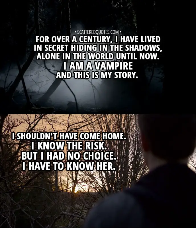 Quote from The Vampire Diaries 1x01 - Stefan Salvatore (narration): For over a century, I have lived in secret hiding in the shadows, alone in the world until now. I am a vampire and this is my story. I shouldn't have come home. I know the risk. But I had no choice. I have to know her.