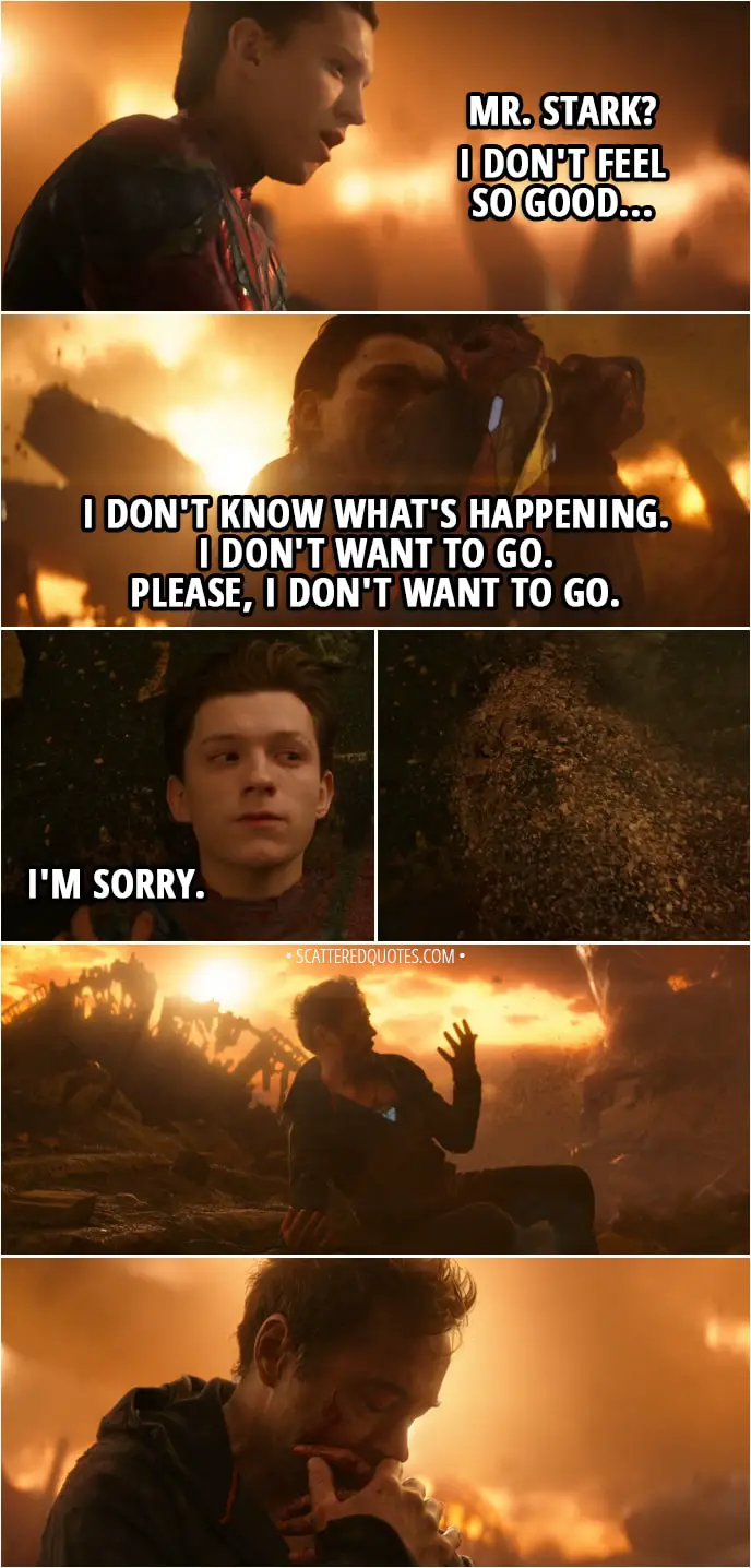Quote from Avengers: Infinity War (2018) - Peter Parker: Mr. Stark? I don't feel so good... Tony Stark: You're all right. Peter Parker: I don't... I don't know what's happening. I don't know... I don't want to go. I don't want to go, sir. Please. Please, I don't want to go. I don't want to go. I'm sorry. (Peter disappears)