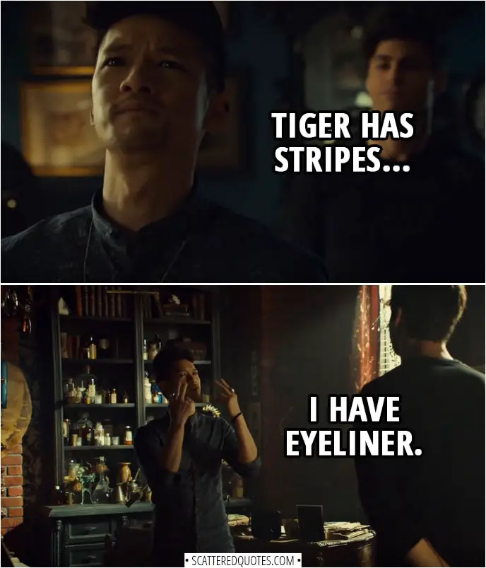 Quote from Shadowhunters 3x11 | Magnus Bane: It's not about beauty. Tiger has stripes, I have eyeliner.