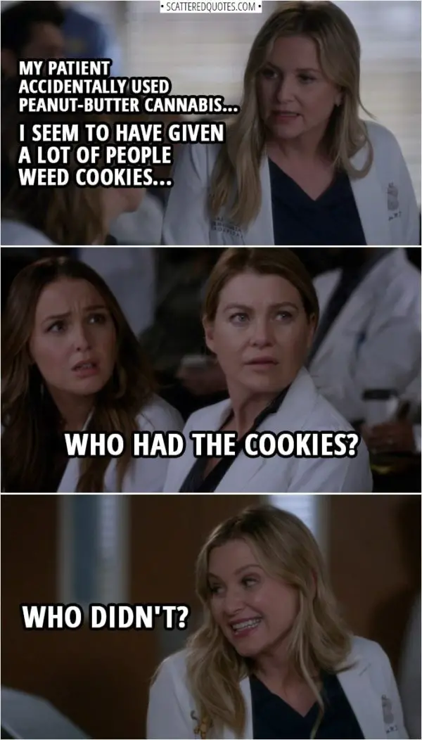 Quote from Grey's Anatomy 14x20 | Arizona Robbins: My patient accidentally used peanut-butter cannabis that her wife had got her when she was going through chemo. One thing led to another, and, um, I seem to have given a lot of people weed cookies, um, with an unknown and immeasurable amount of weed in them. Meredith Grey: Who had the cookies? Arizona Robbins: Who didn't?