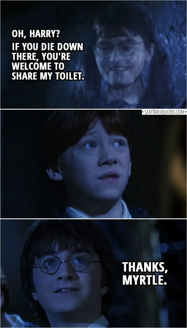 Quotes from Harry Potter and the Chamber of Secrets (2002) | Moaning Myrtle: Oh, Harry? If you die down there, you're welcome to share my toilet. Harry Potter: Thanks, Myrtle.