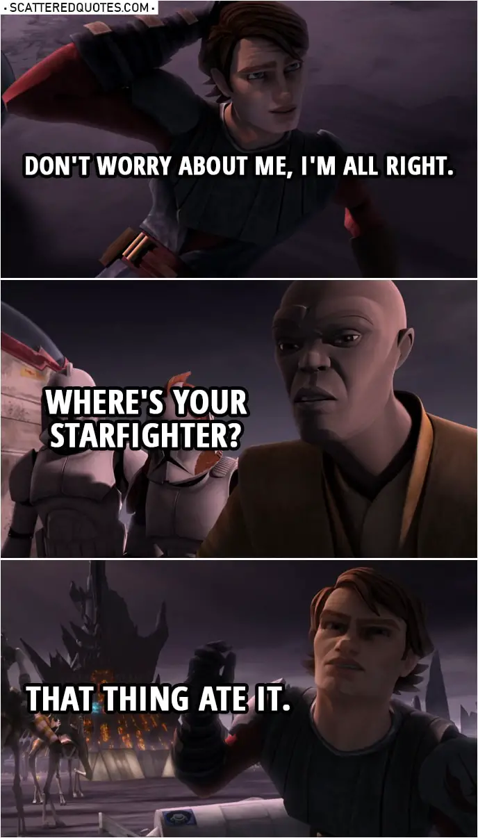 Quote from Star Wars: The Clone Wars 2x18 | Anakin Skywalker: Don't worry about me, I'm all right. Mace Windu: Where's your starfighter? Anakin Skywalker: That thing ate it.