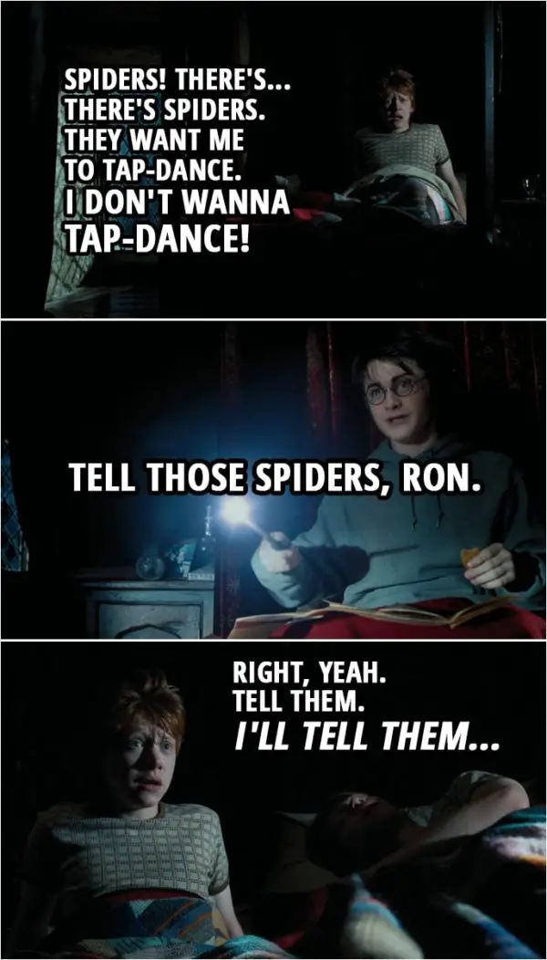 Quote from Harry Potter and the Prisoner of Azkaban (2004) | Ron Weasley: Spiders! There's... There's spiders. Spiders. They want me to tap-dance. I don't wanna tap-dance! Harry Potter: Tell those spiders, Ron. Ron Weasley: Right, yeah. Tell them. I'll tell them...