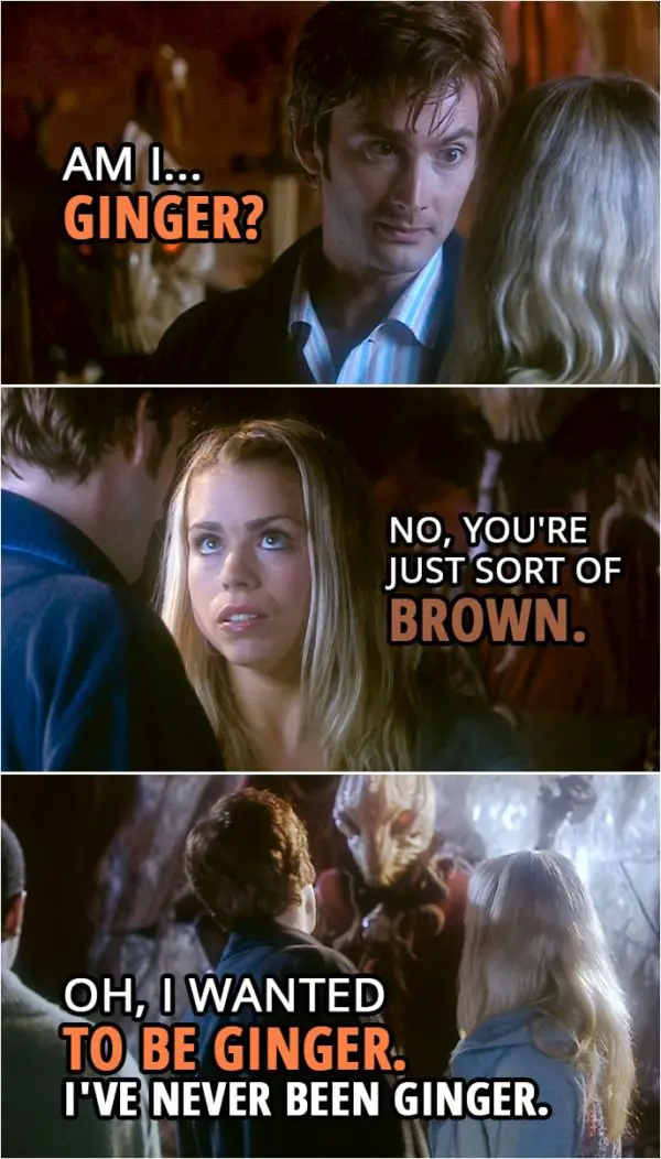 Quote from Doctor Who 2x00 | Doctor: Am I...ginger? Rose Tyler: No, you're just sort of brown. Doctor: Oh, I wanted to be ginger. I've never been ginger.