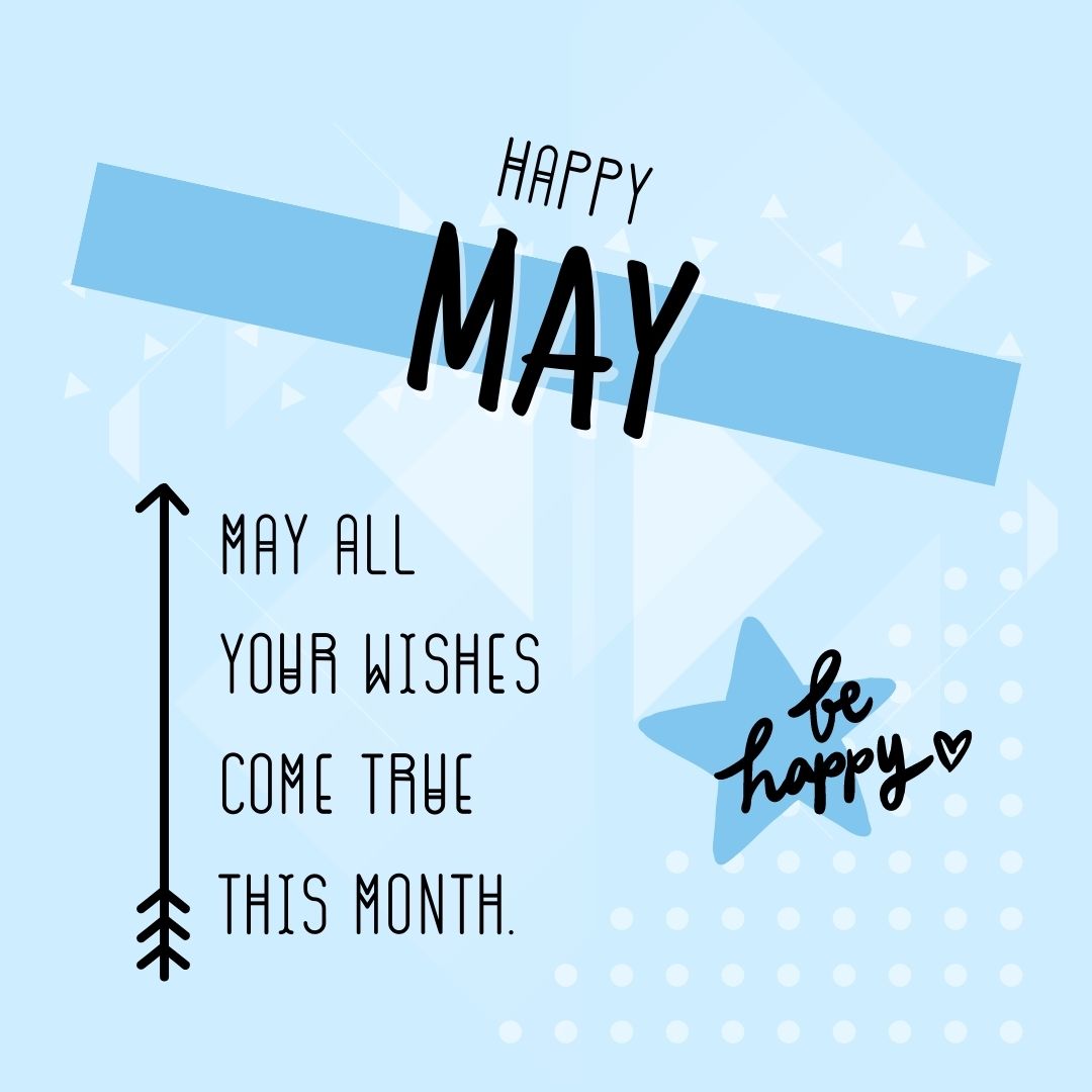 Month of May Quotes: Happy May! May all your wishes come true this month. (Pastel blue aesthetic quote image)