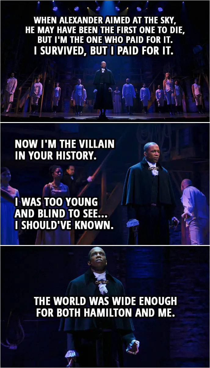 Quote from Hamilton (An American Musical) | Aaron Burr: History obliterates. In every picture it paints, it paints me with all my mistakes. When Alexander aimed at the sky, he may have been the first one to die, but I'm the one who paid for it. I survived, but I paid for it. Now I'm the villain in your history. I was too young and blind to see... I should've known. I should've known the world was wide enough for both Hamilton and me. The world was wide enough for both Hamilton and me.