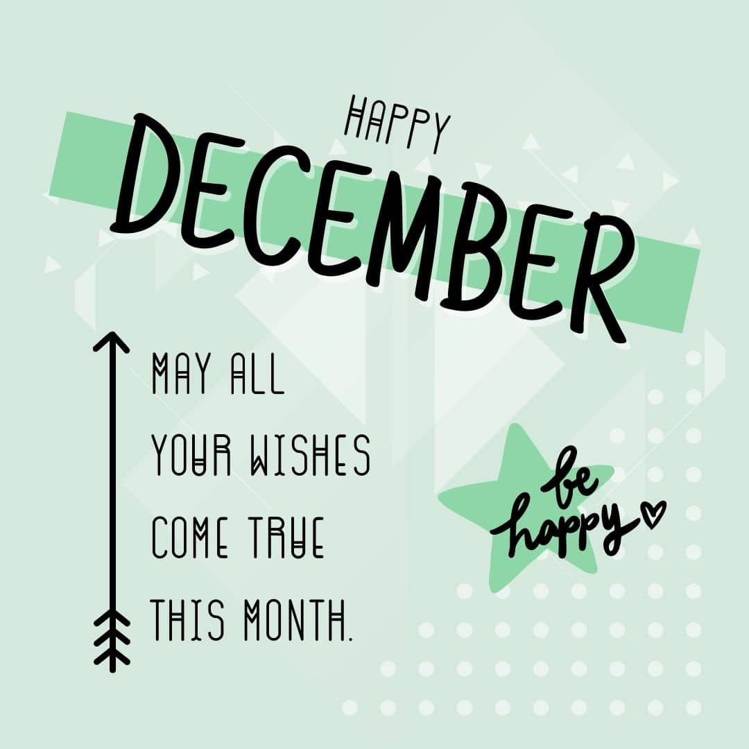 Month of December Quotes: Happy December! May all your wishes come true this month. (Pastel green aesthetic quote image)