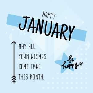 Month of January Quote: Happy January! May all your wishes come true this month. (Blue pastel aesthetic quote image)