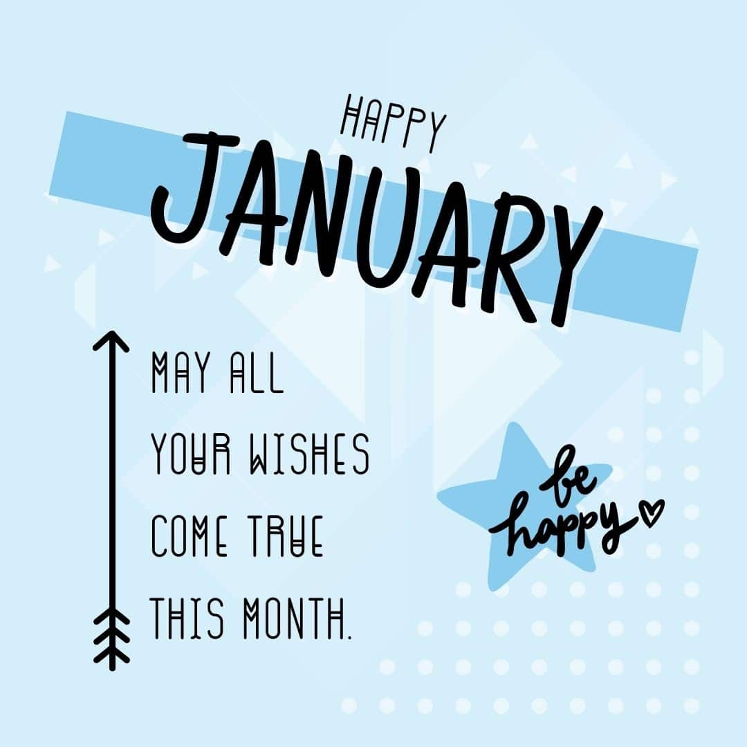 Month of January Quote: Happy January! May all your wishes come true this month. (Blue pastel aesthetic quote image)