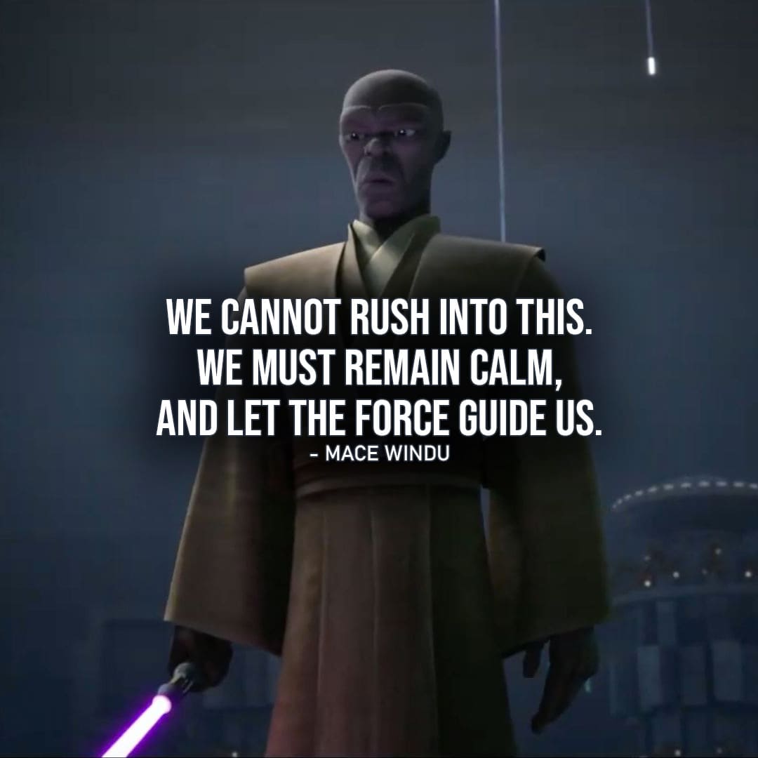 One of the best quotes by Mace Windu from the Star Wars Universe | "We cannot rush into this. We must remain calm, and let the Force guide us." (to Jar Jar, Star Wars: The Clone Wars - Ep. 6x09)