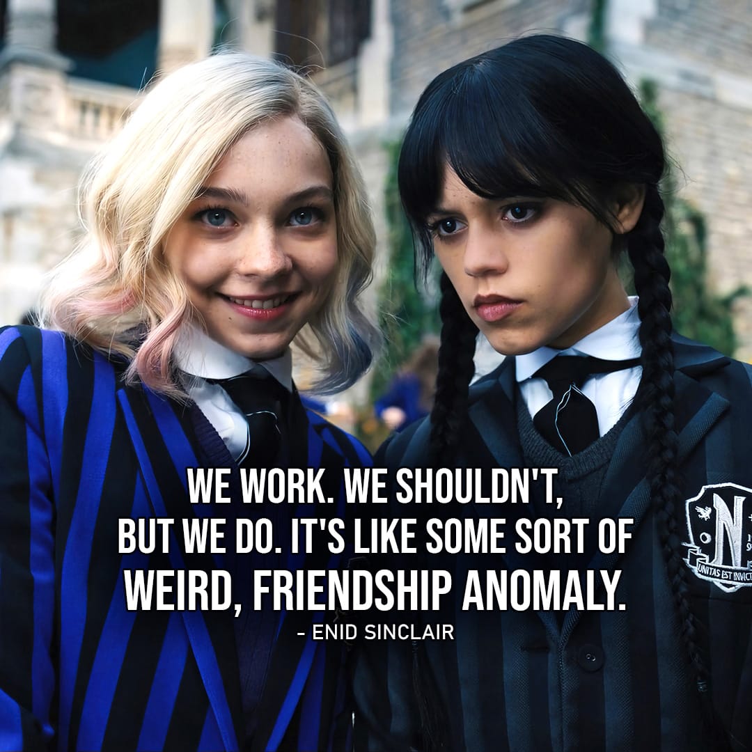 One of the best quotes by Enid Sinclair from Wednesday | "We work. We shouldn't, but we do. It's like some sort of weird, friendship anomaly." (to Wednesday - Ep. 1x07)