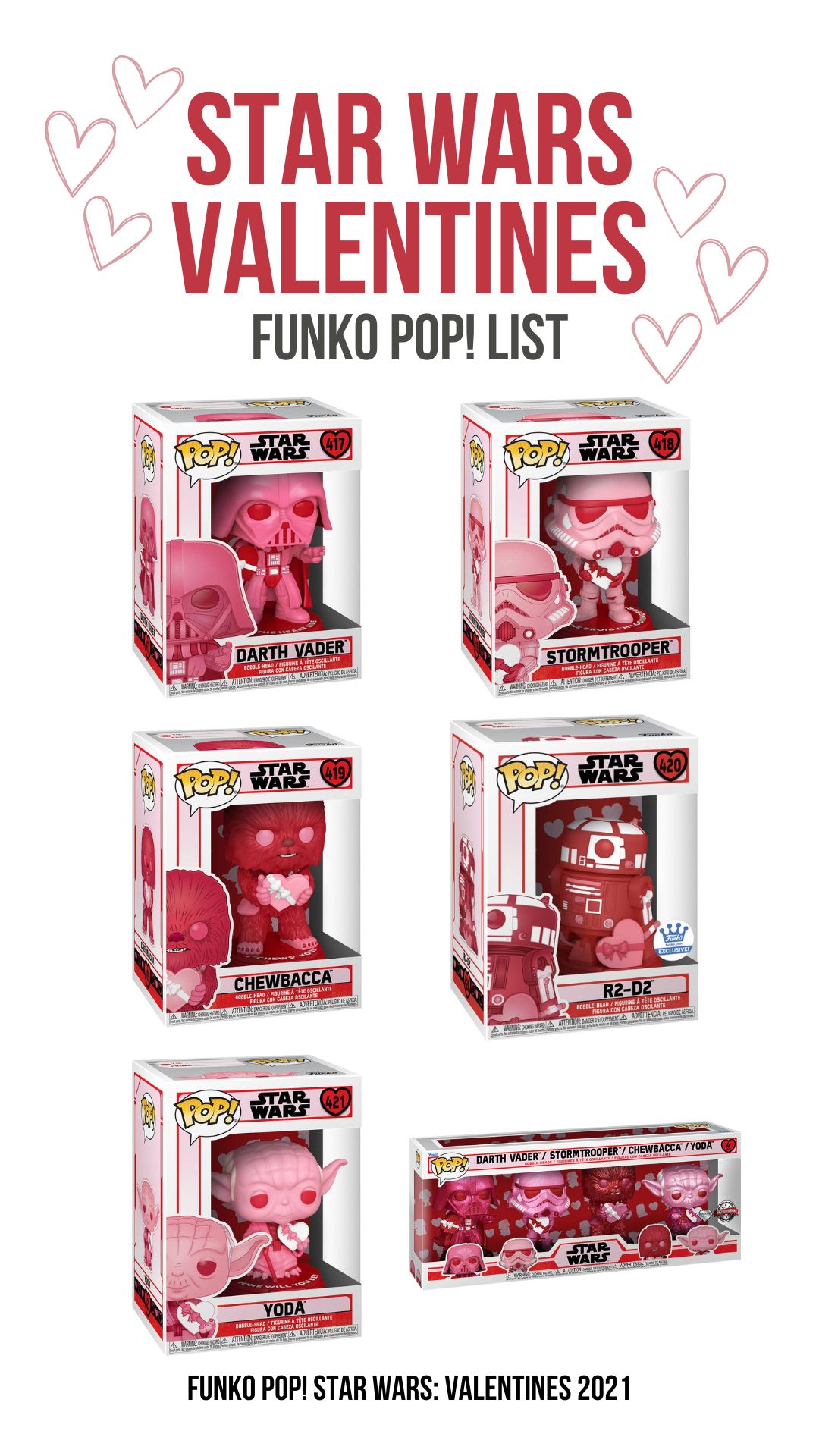 Star Wars Funko Pop Valentines List of Figures with Boxes 2021